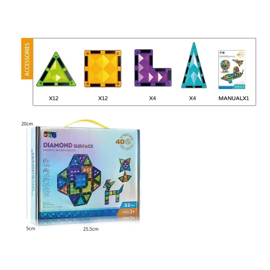 Bloques Magnéticos 4D – Diamond Surface (32 piezas)