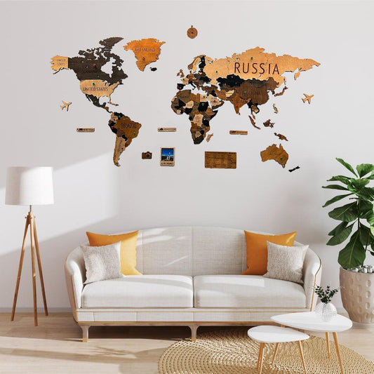 MADEMAP Premium - Mapamundi de Madera para Instalar en Pared en Relieve 3D Multicolor - Ingenio Destreza Mental