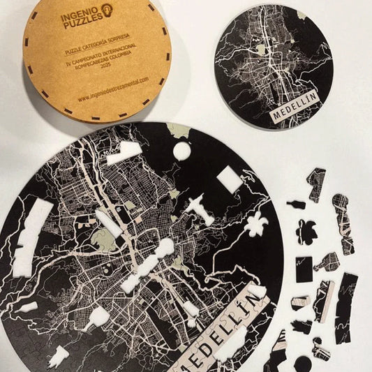 Rompecabezas Mutiformas Redondo en Madera - Mapa de Medellín 165 Piezas - Ingenio Destreza Mental