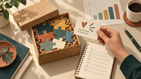 Ilustración conceptual generada con IA de un regalo corporativo con piezas de rompecabezas, una tarjeta de opinión y una lista de seguimiento.