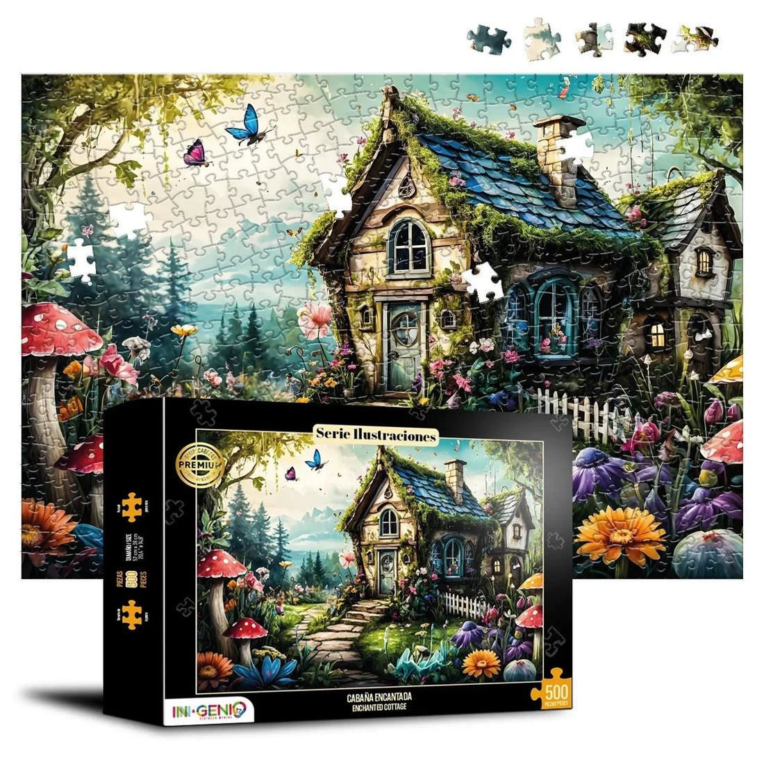 Rompecabezas Cabaña Encantada de INGENIO PUZZLES con su caja, cielo y vegetación