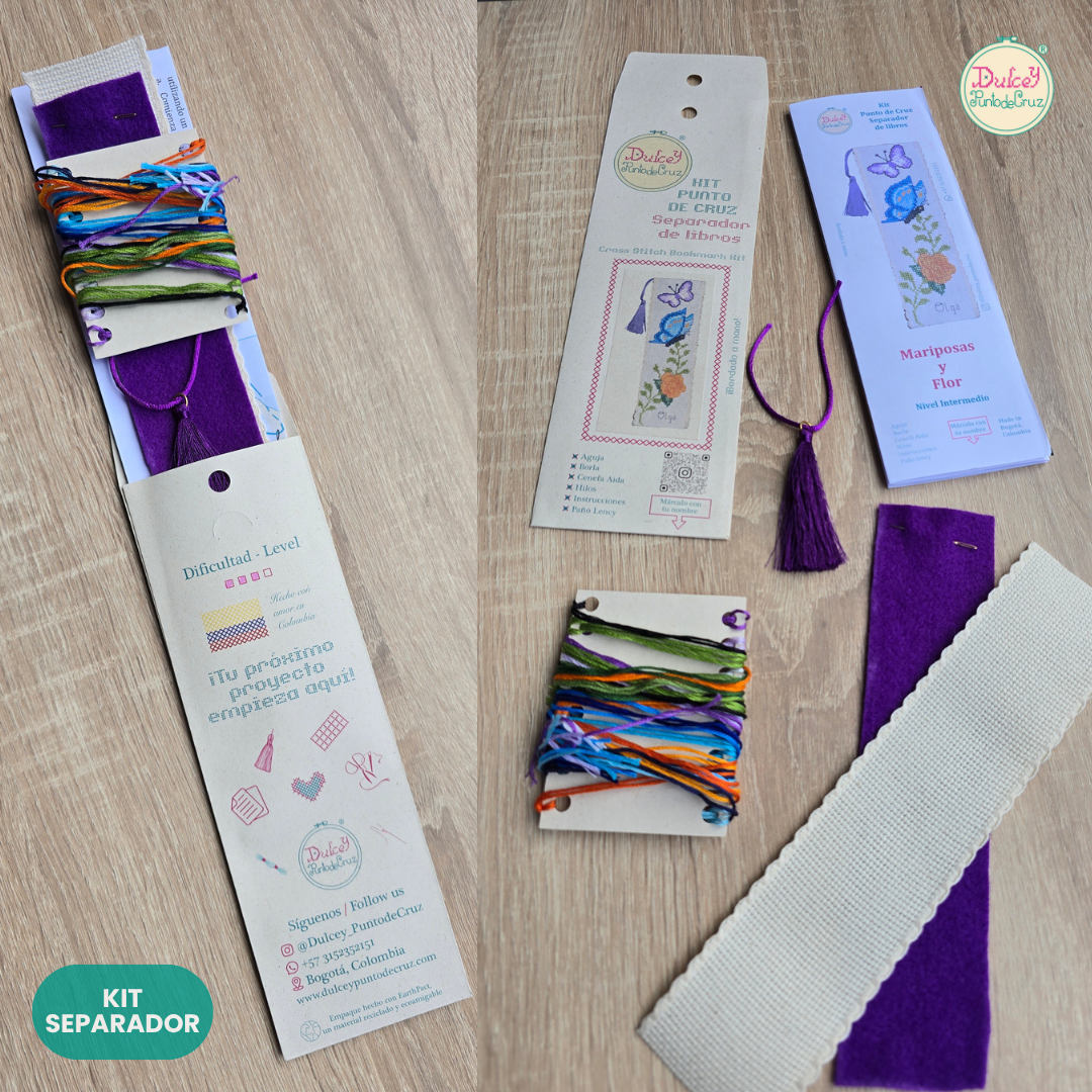 Kit punto de Cruz separador de libros Mariposas y Flor