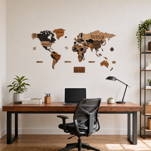 MADEMAP Premium - Mapamundi de Madera para Instalar en Pared en Relieve 3D Multicolor - Ingenio Destreza Mental