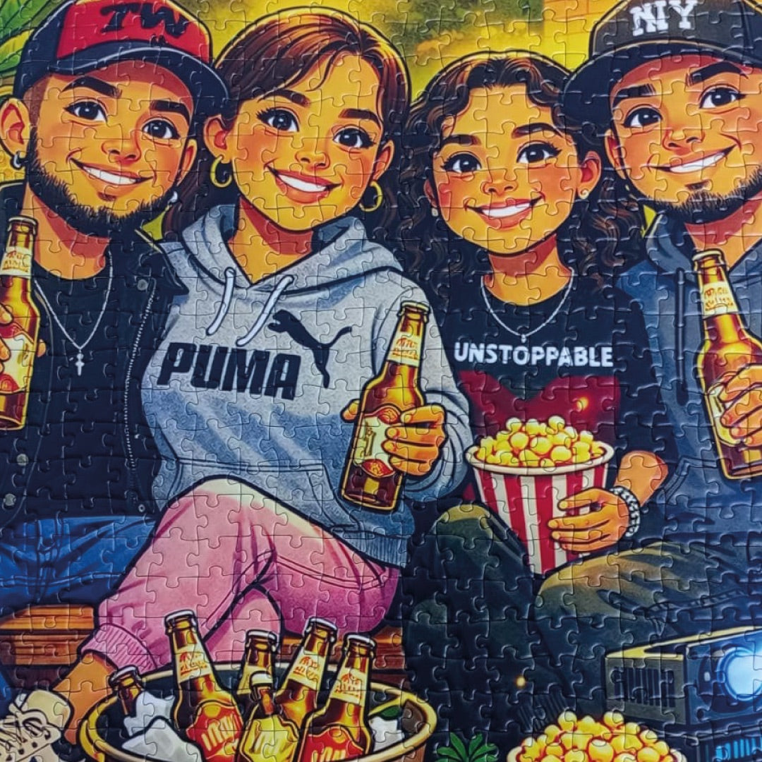 Rompecabezas personalizado en cartón premium con una ilustración de cuatro amigos